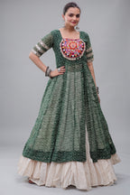 White Cotton Flared Chaniya with Kachchi Work Leheriya Top