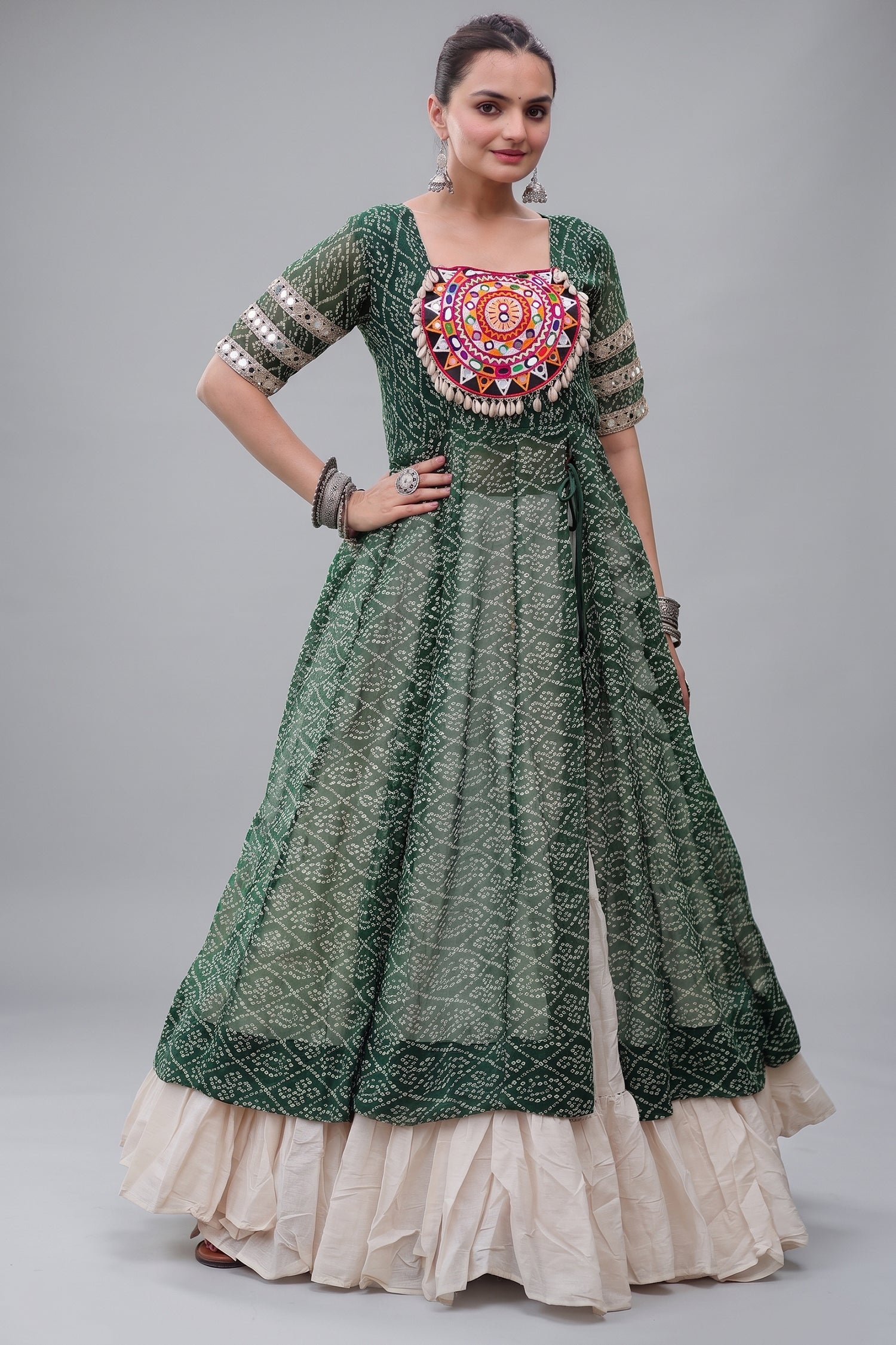 White Cotton Flared Chaniya with Kachchi Work Leheriya Top