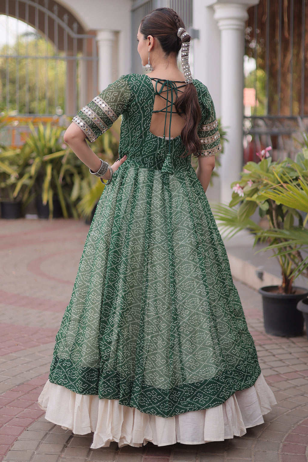 White Cotton Flared Chaniya with Kachchi Work Leheriya Top