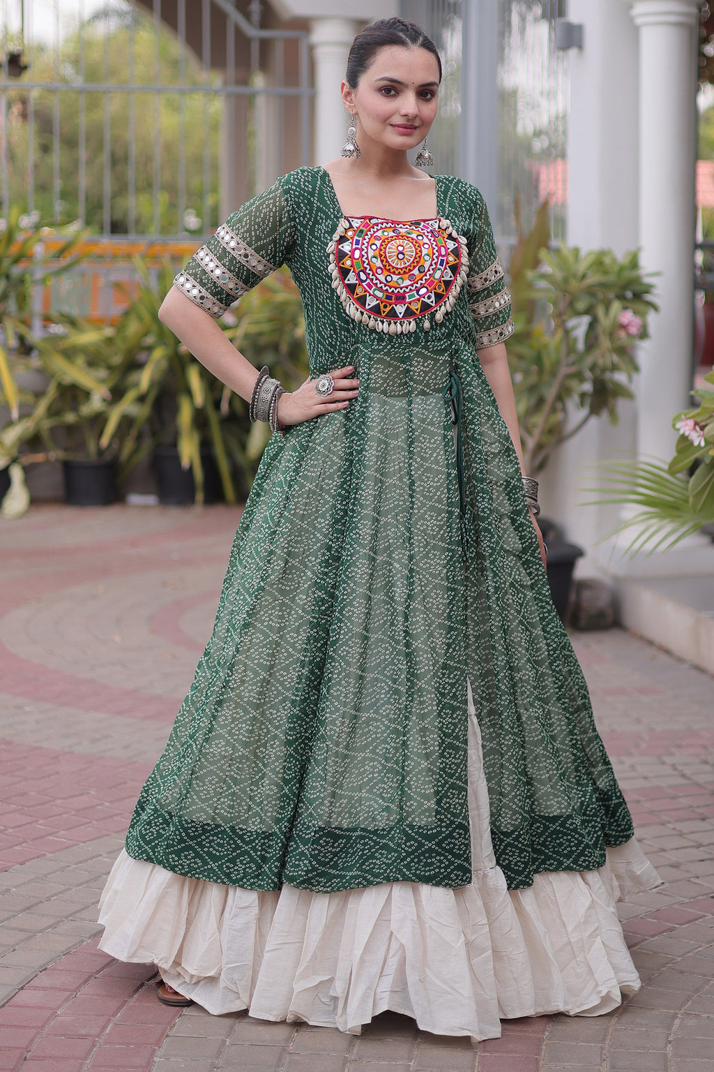 White Cotton Flared Chaniya with Kachchi Work Leheriya Top