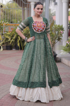 White Cotton Flared Chaniya with Kachchi Work Leheriya Top