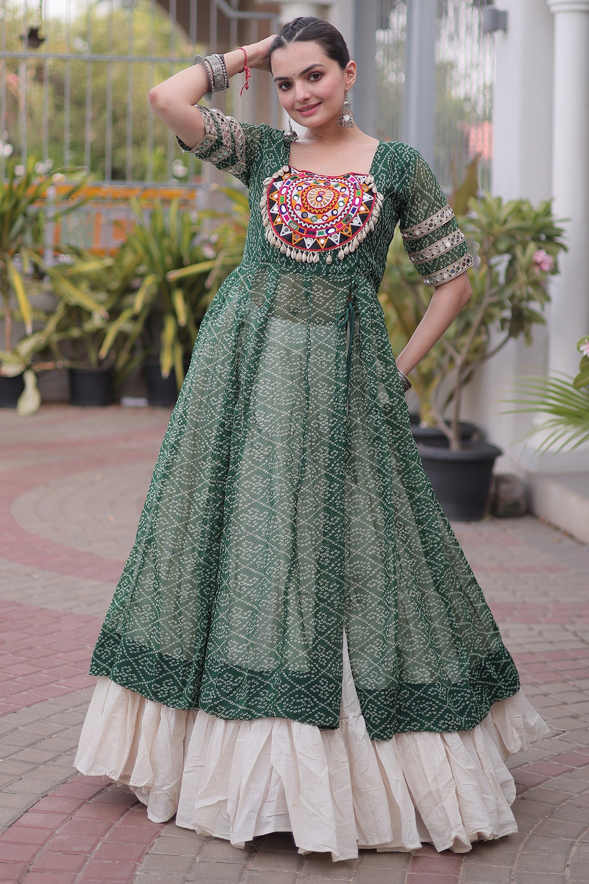 White Cotton Flared Chaniya with Kachchi Work Leheriya Top