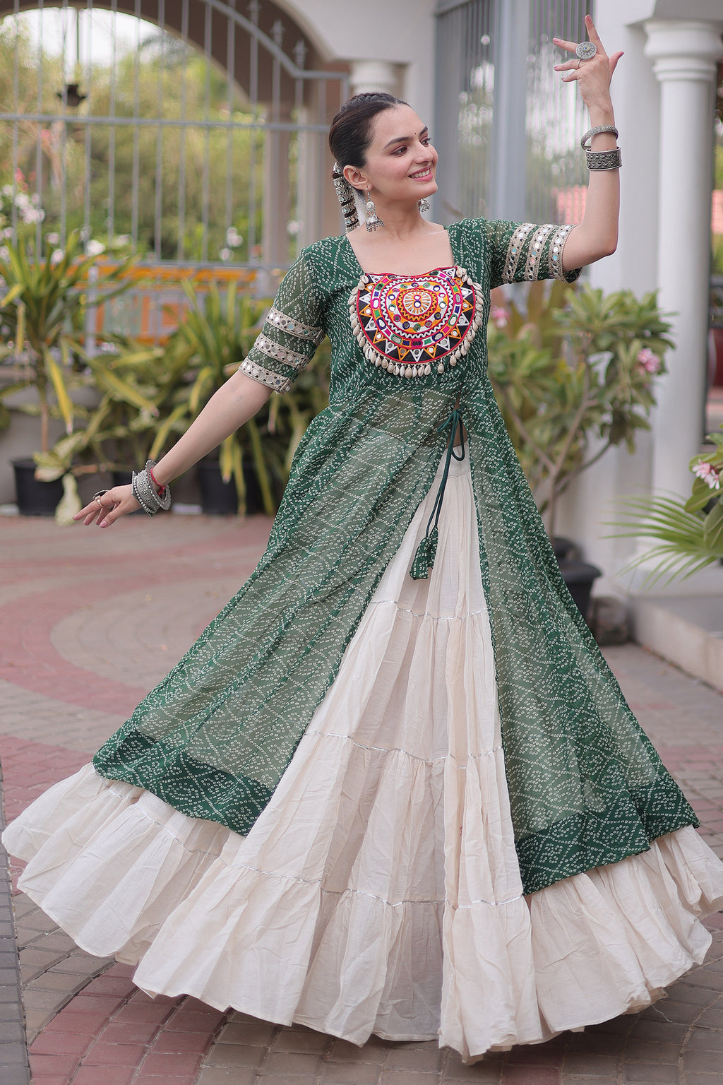 White Cotton Flared Chaniya with Kachchi Work Leheriya Top