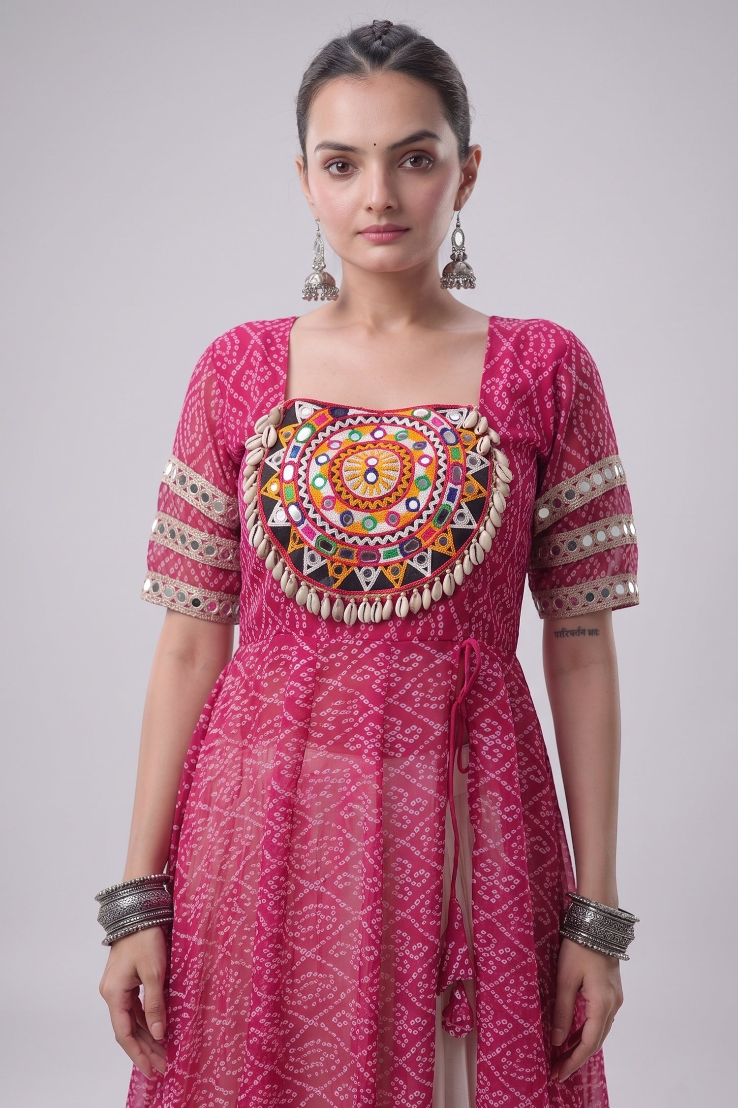 White Cotton Flared Chaniya with Kachchi Work Leheriya Top Secondary image