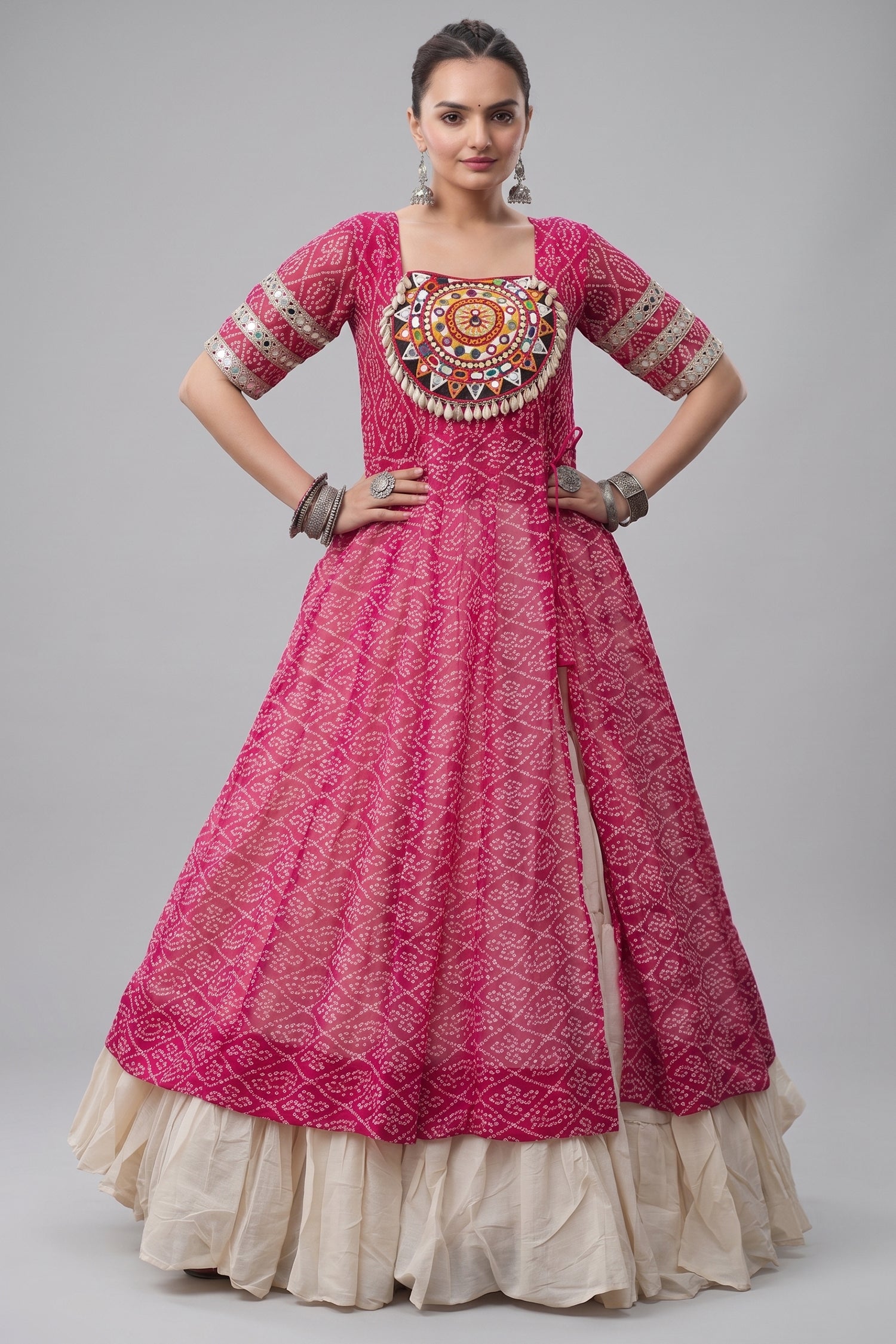 White Cotton Flared Chaniya with Kachchi Work Leheriya Top Main image