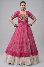 White Cotton Flared Chaniya with Kachchi Work Leheriya Top