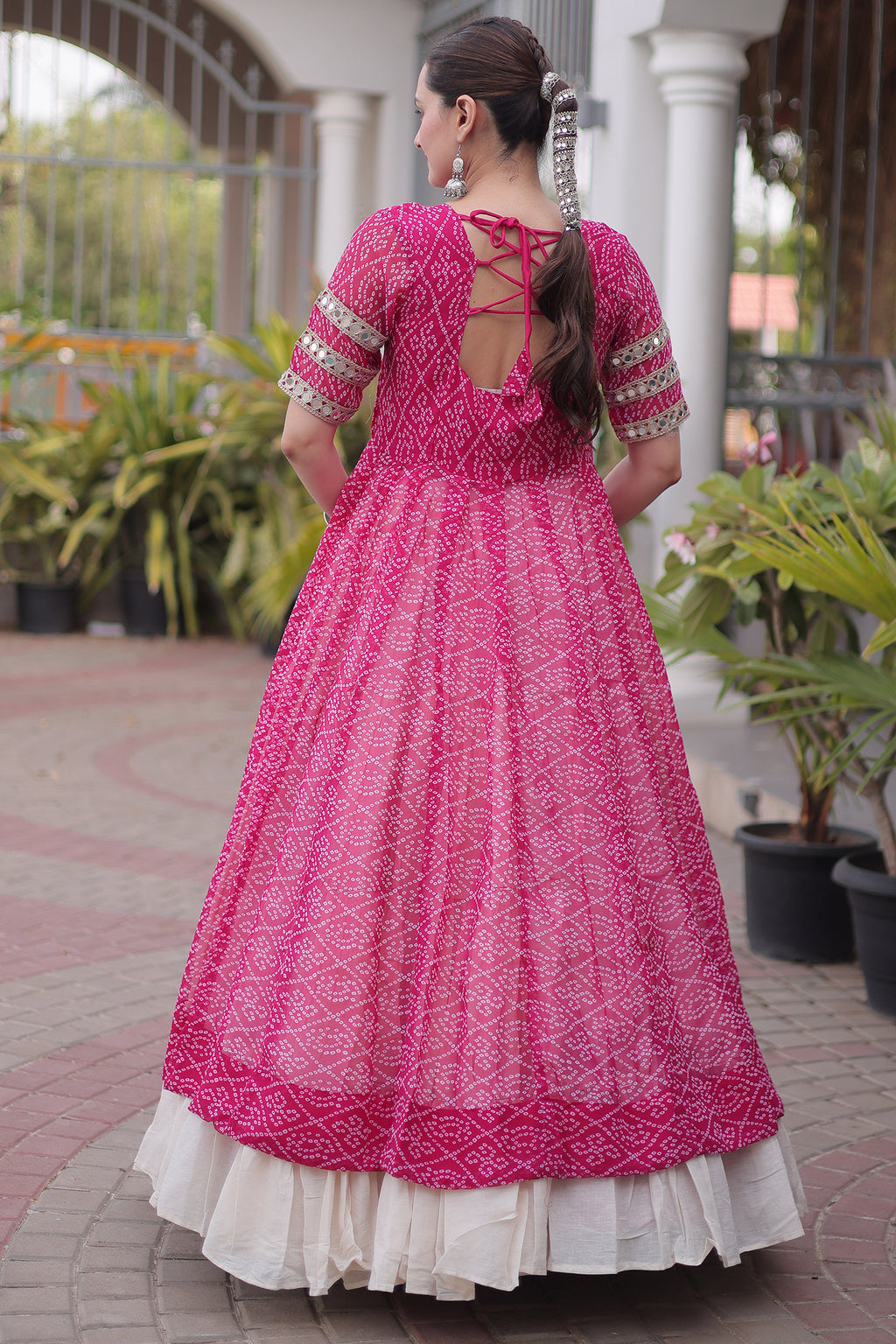 White Cotton Flared Chaniya with Kachchi Work Leheriya Top