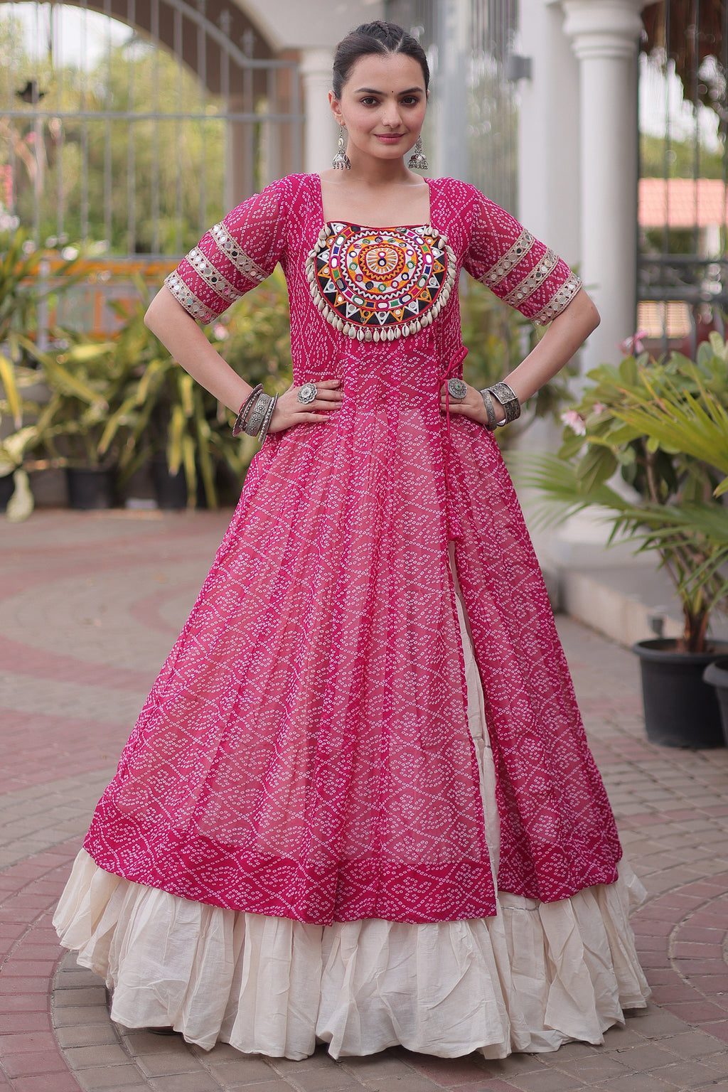 White Cotton Flared Chaniya with Kachchi Work Leheriya Top