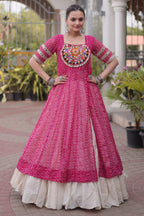 White Cotton Flared Chaniya with Kachchi Work Leheriya Top