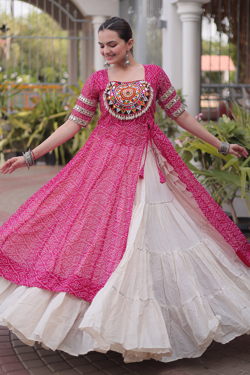 White Cotton Flared Chaniya with Kachchi Work Leheriya Top