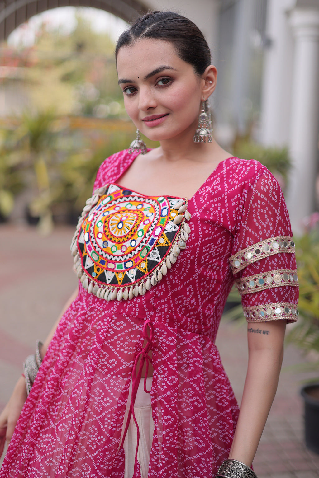 White Cotton Flared Chaniya with Kachchi Work Leheriya Top