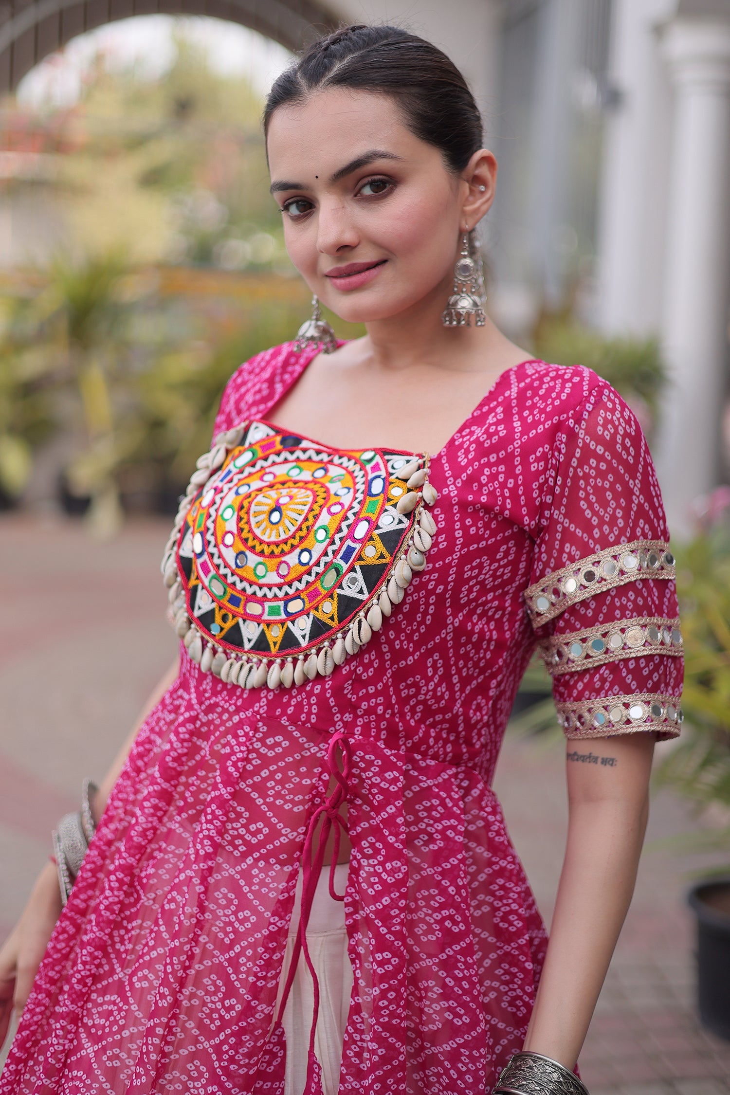 White Cotton Flared Chaniya with Kachchi Work Leheriya Top