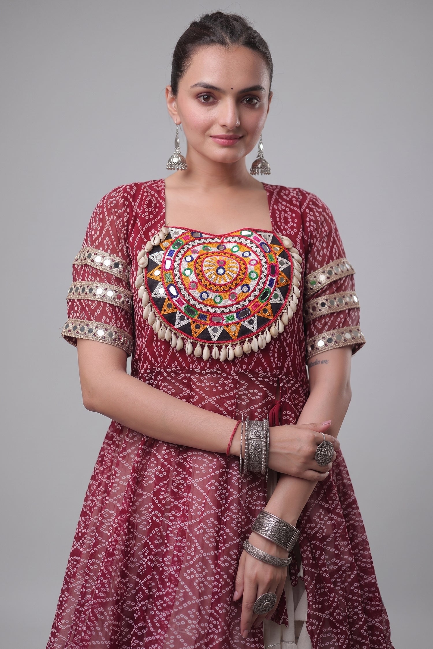 White Cotton Flared Chaniya with Kachchi Work Leheriya Top Secondary image