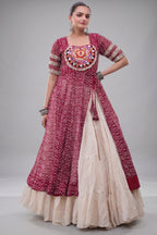 White Cotton Flared Chaniya with Kachchi Work Leheriya Top