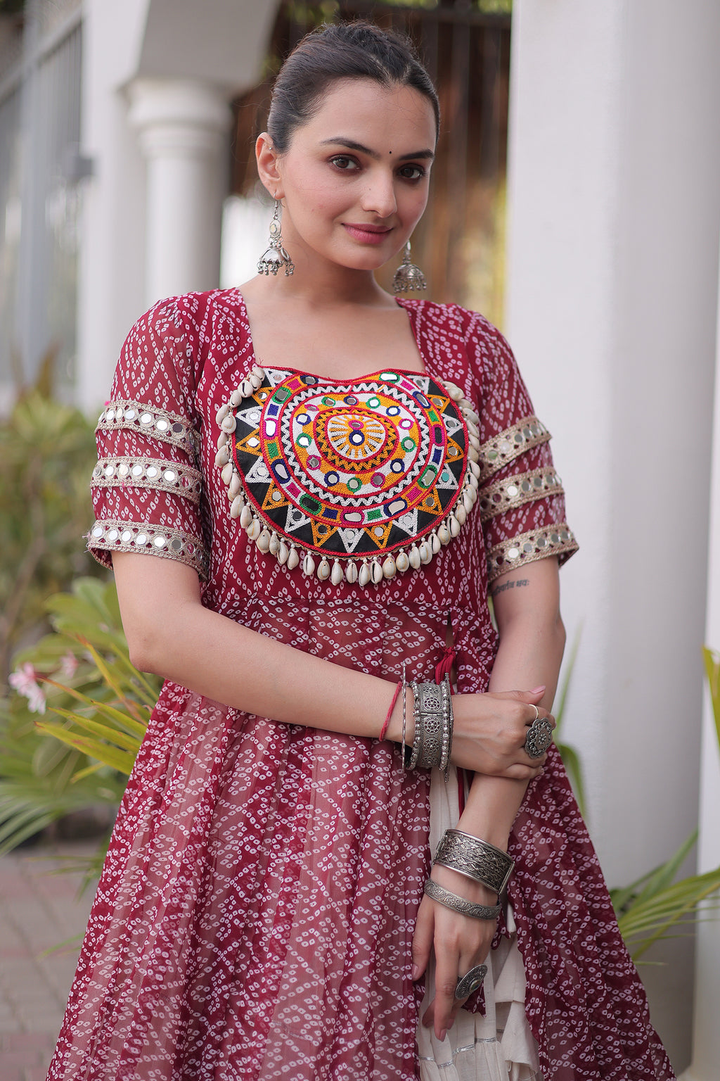 White Cotton Flared Chaniya with Kachchi Work Leheriya Top