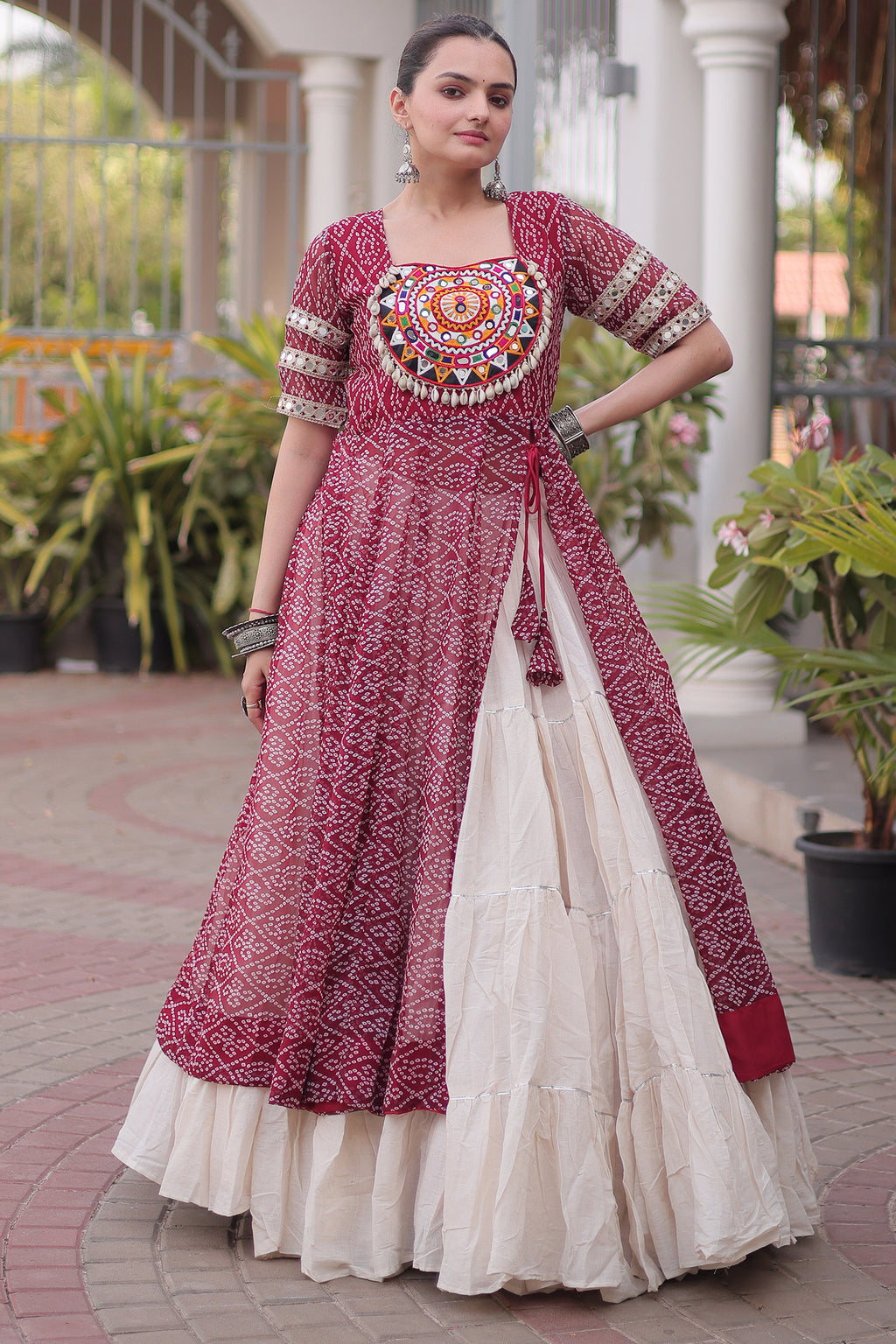 White Cotton Flared Chaniya with Kachchi Work Leheriya Top