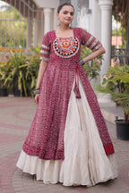 White Cotton Flared Chaniya with Kachchi Work Leheriya Top