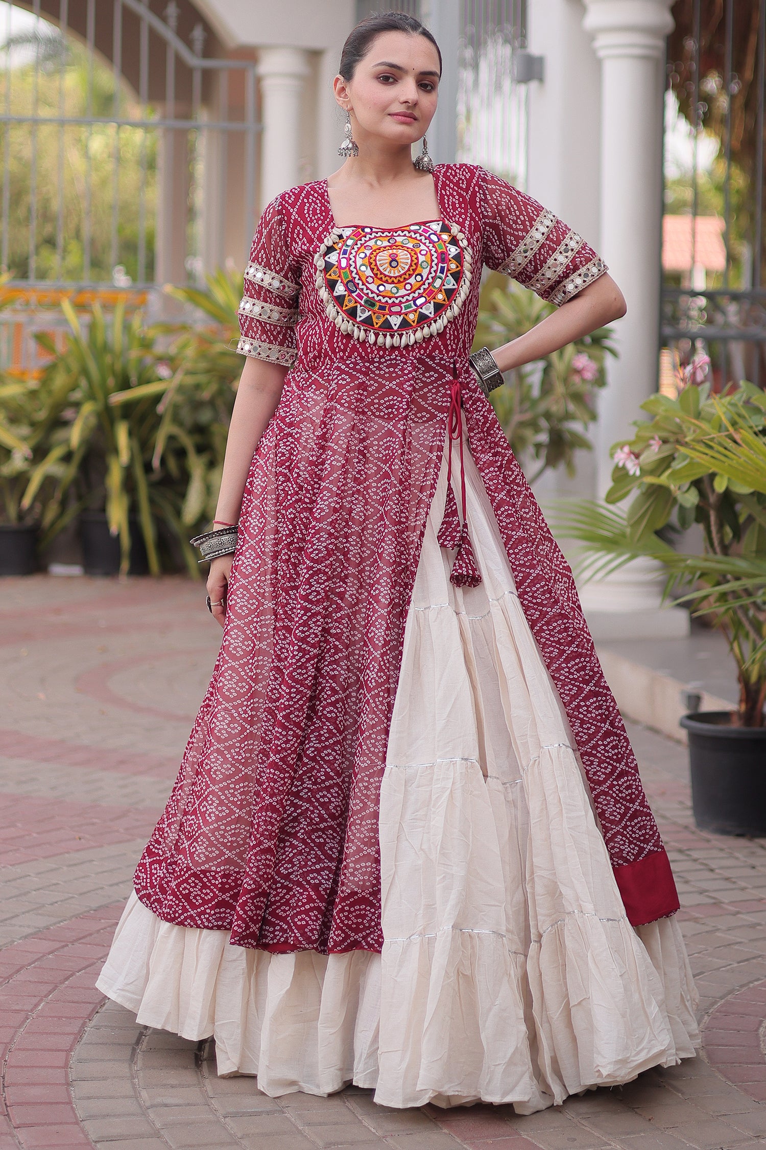 White Cotton Flared Chaniya with Kachchi Work Leheriya Top