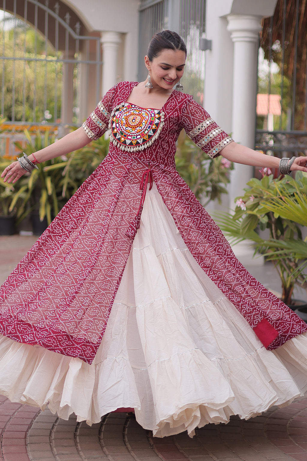 White Cotton Flared Chaniya with Kachchi Work Leheriya Top