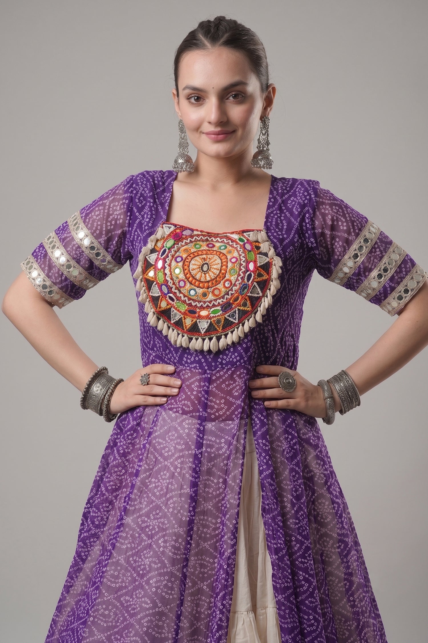 White Cotton Flared Chaniya with Kachchi Work Leheriya Top Secondary image