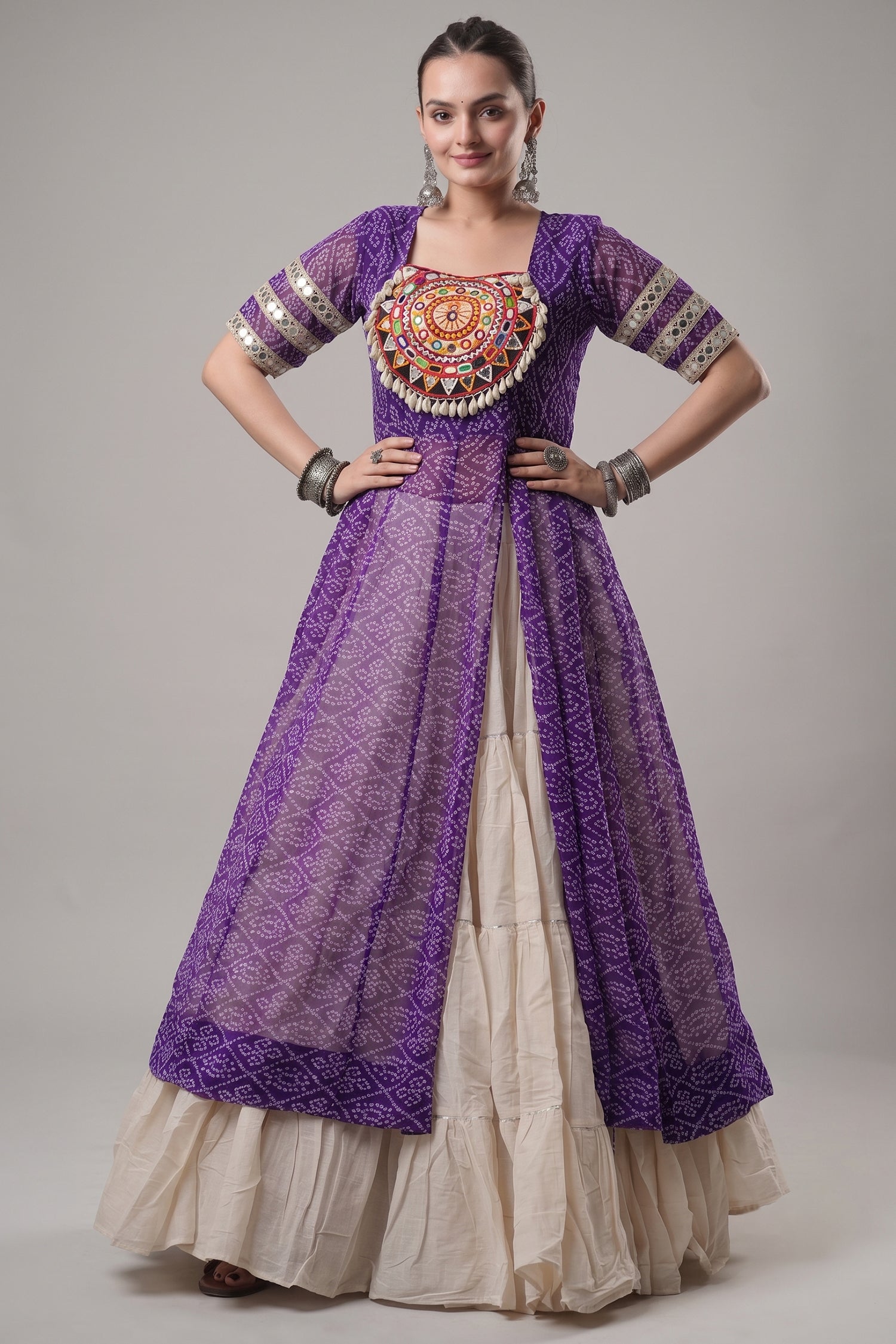 White Cotton Flared Chaniya with Kachchi Work Leheriya Top Main image