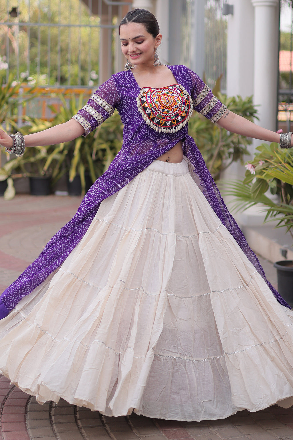 White Cotton Flared Chaniya with Kachchi Work Leheriya Top