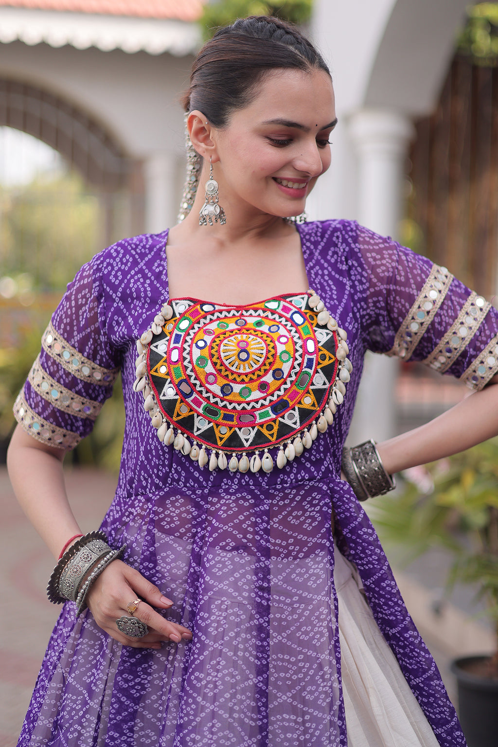 White Cotton Flared Chaniya with Kachchi Work Leheriya Top