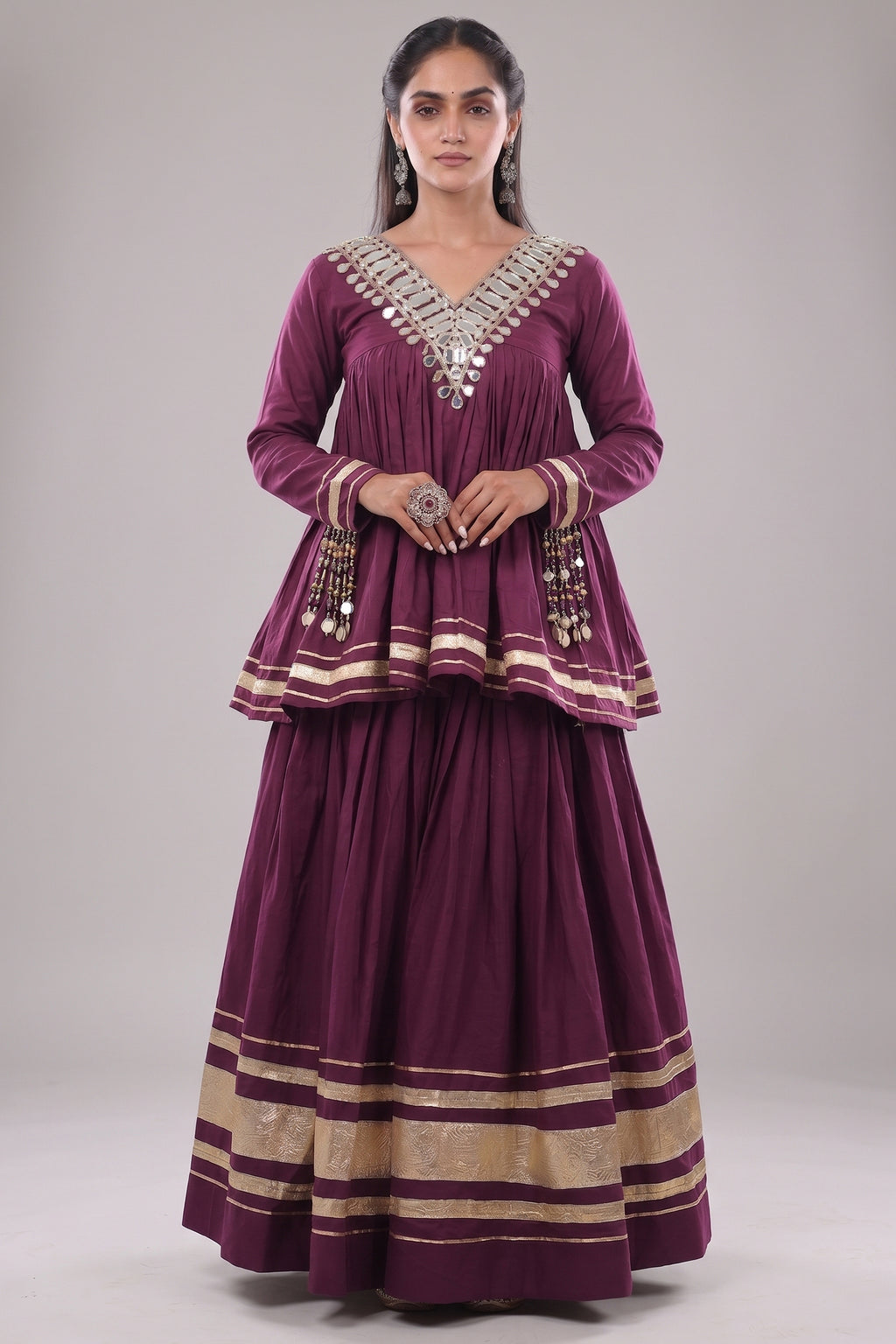 Purple Cotton Mirror Worked Peplum Chaniya Choli