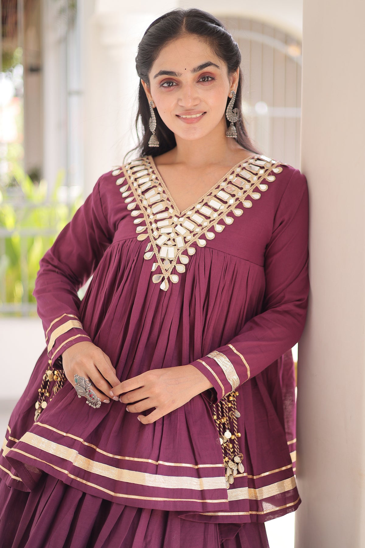 Purple Cotton Mirror Worked Peplum Chaniya Choli