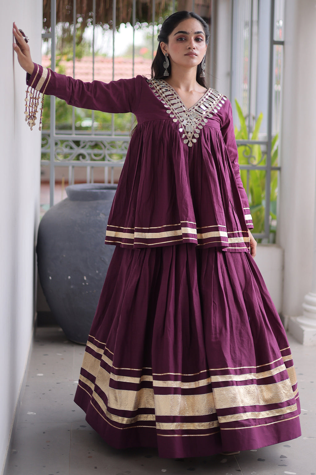Purple Cotton Mirror Worked Peplum Chaniya Choli