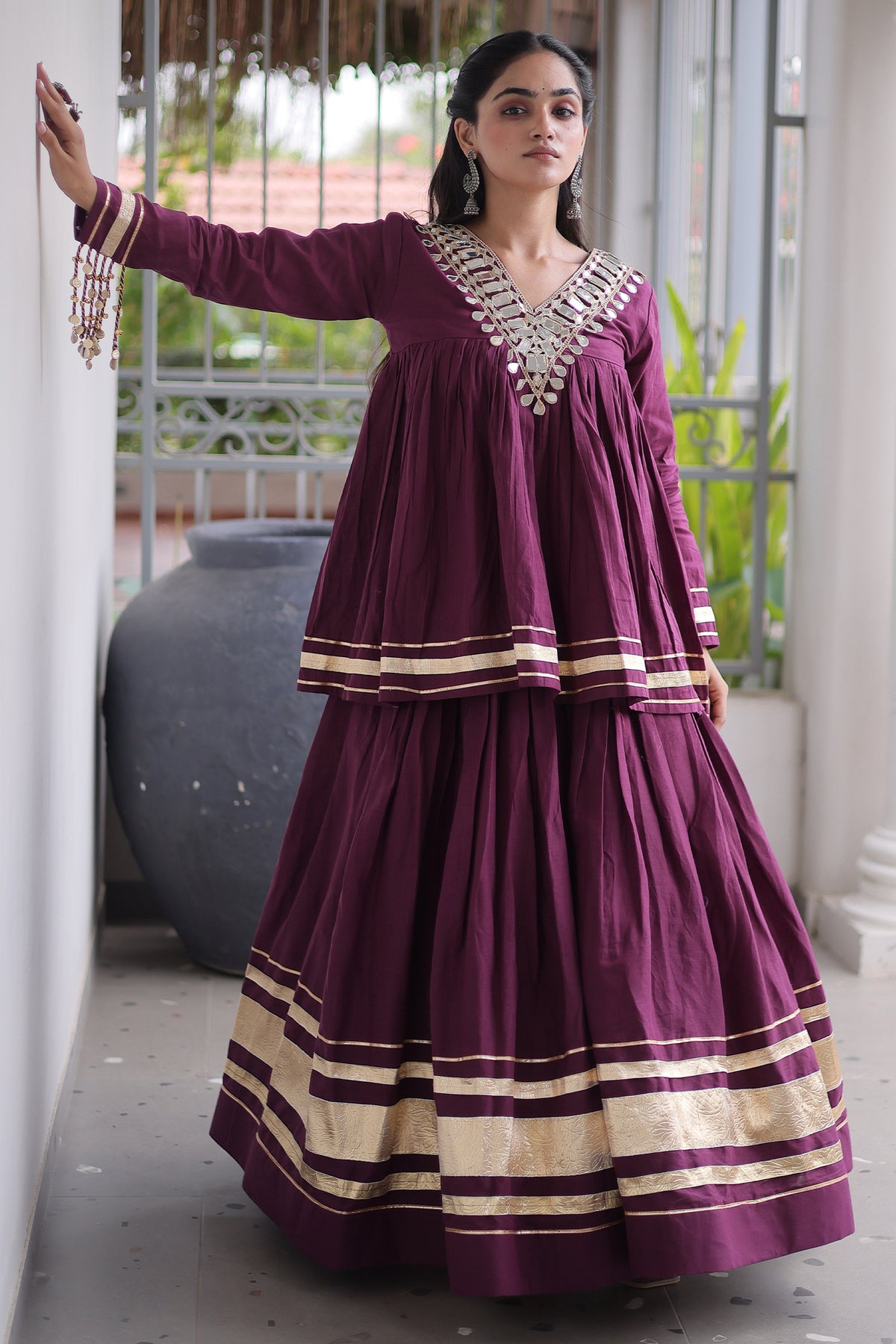 Purple Cotton Mirror Worked Peplum Chaniya Choli