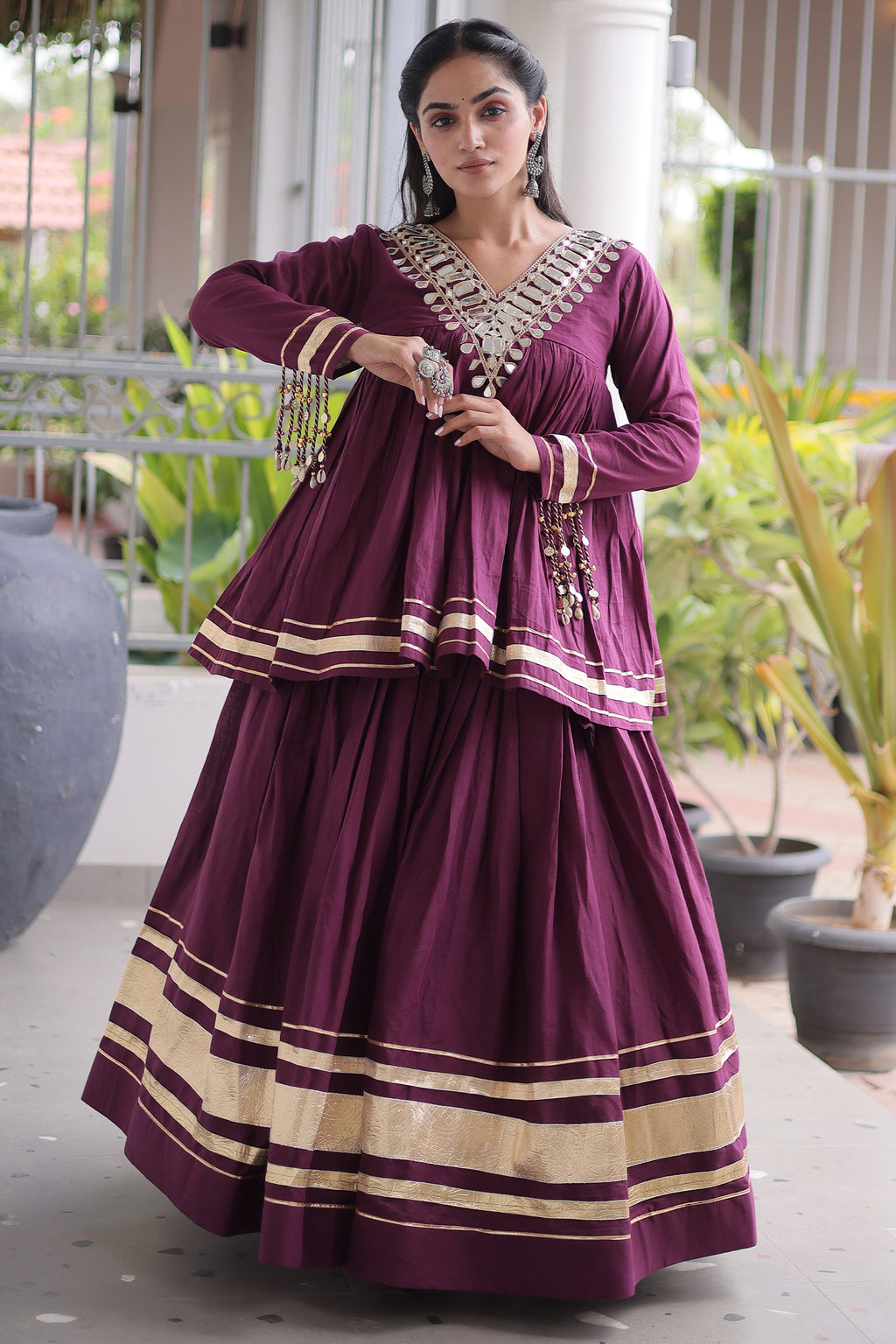 Purple Cotton Mirror Worked Peplum Chaniya Choli
