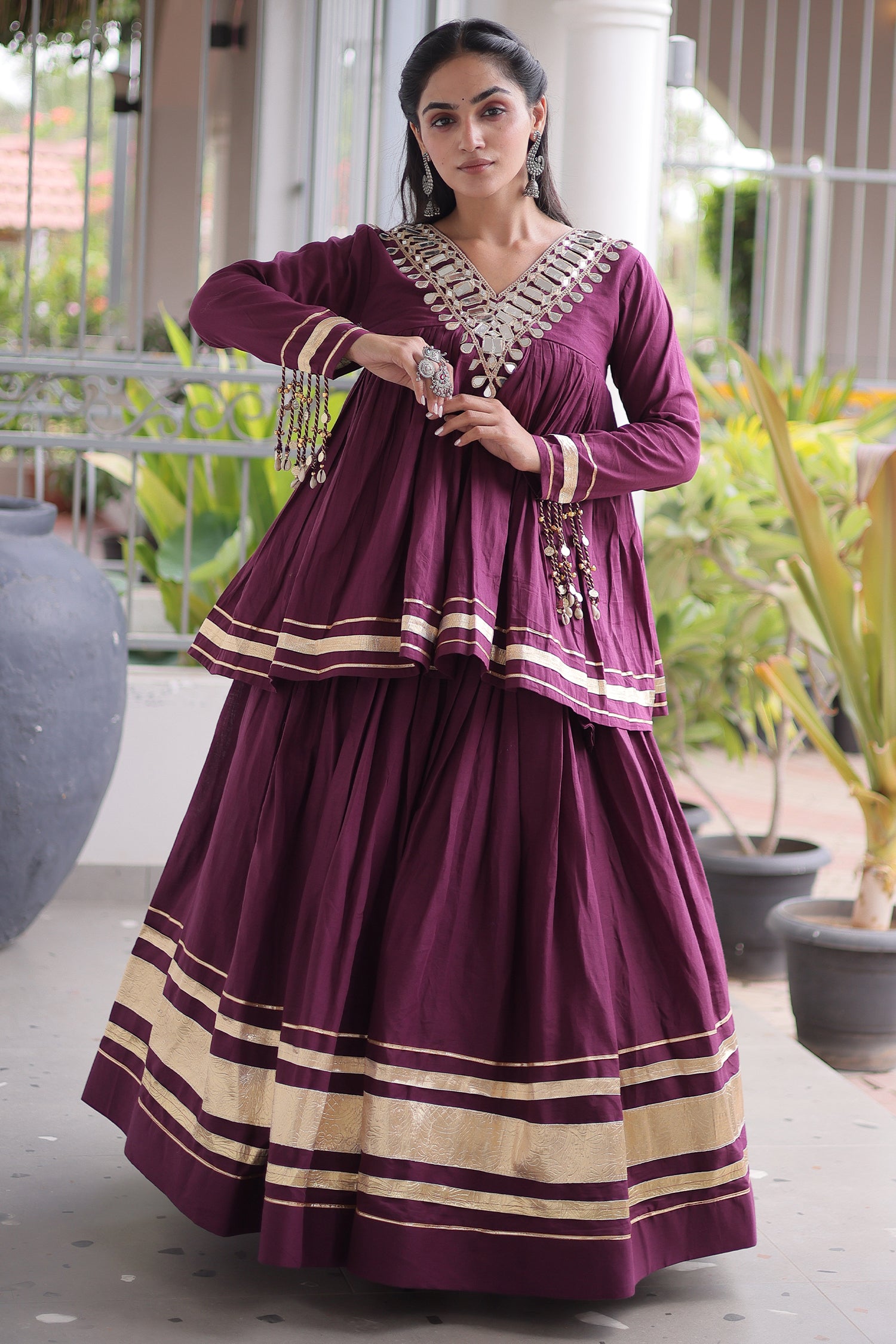Purple Cotton Mirror Worked Peplum Chaniya Choli