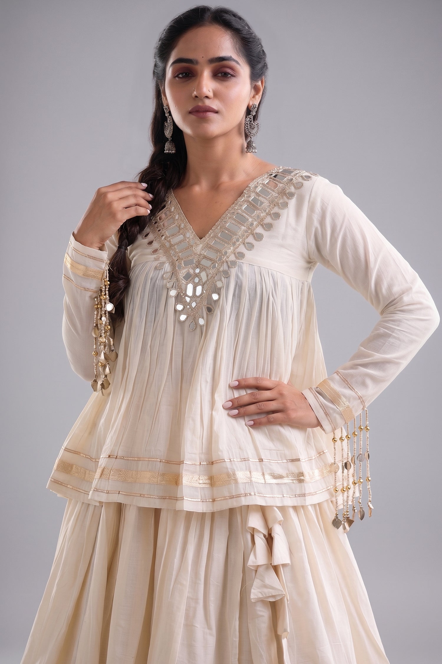 Off White Cotton Mirror Worked Peplum Chaniya Choli