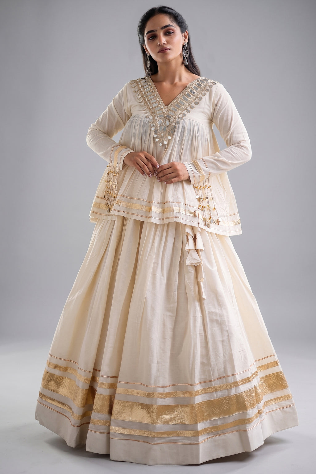 Off White Cotton Mirror Worked Peplum Chaniya Choli