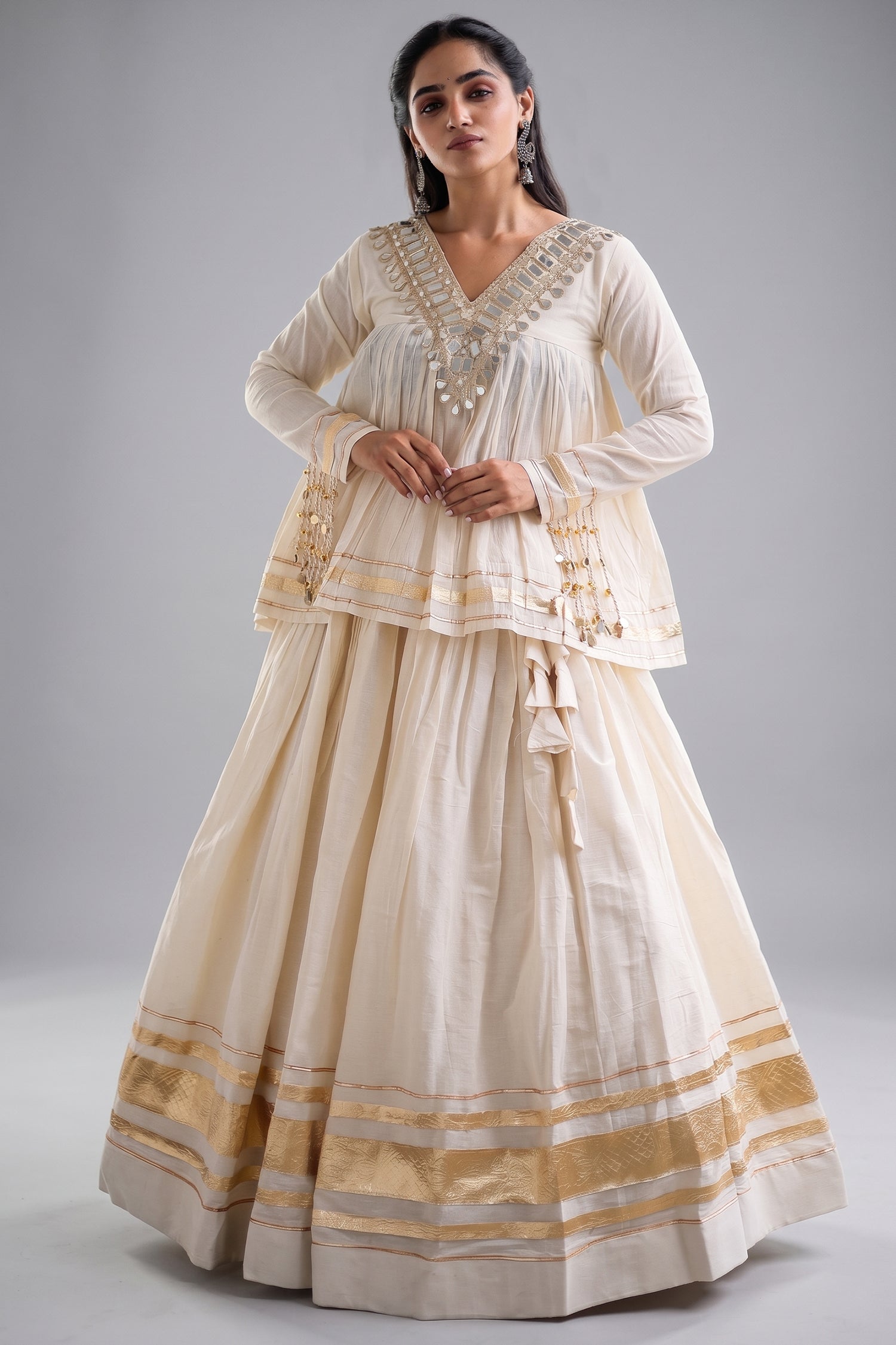 Off White Cotton Mirror Worked Peplum Chaniya Choli