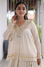 Off White Cotton Mirror Worked Peplum Chaniya Choli