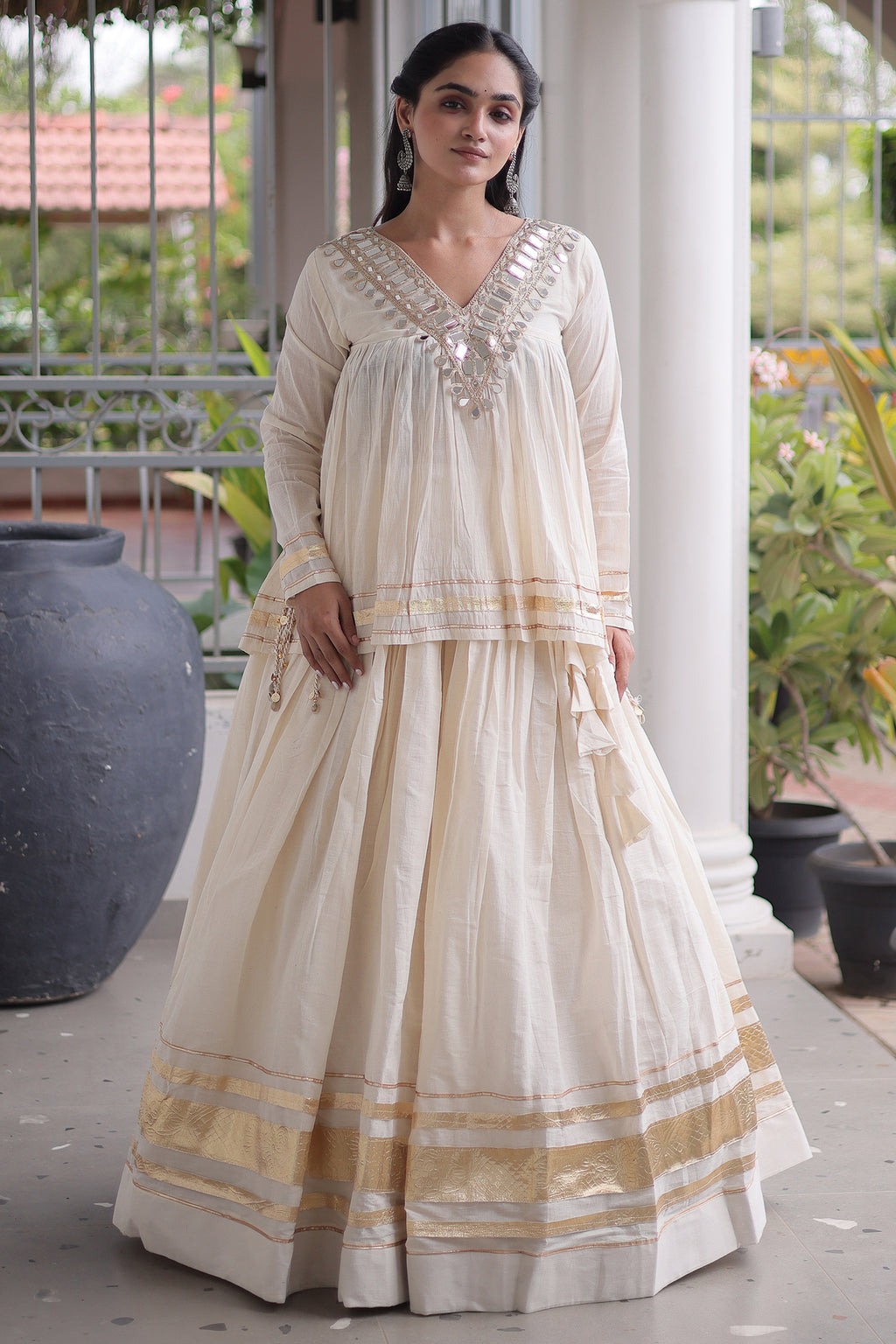 Off White Cotton Mirror Worked Peplum Chaniya Choli