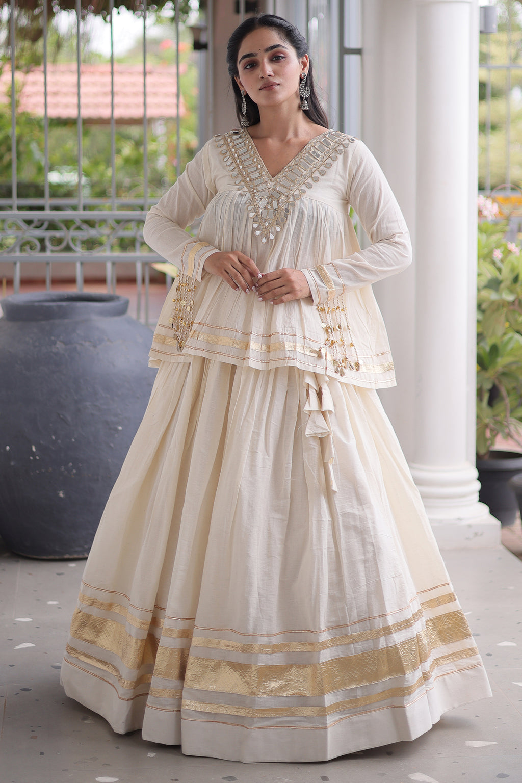 Off White Cotton Mirror Worked Peplum Chaniya Choli