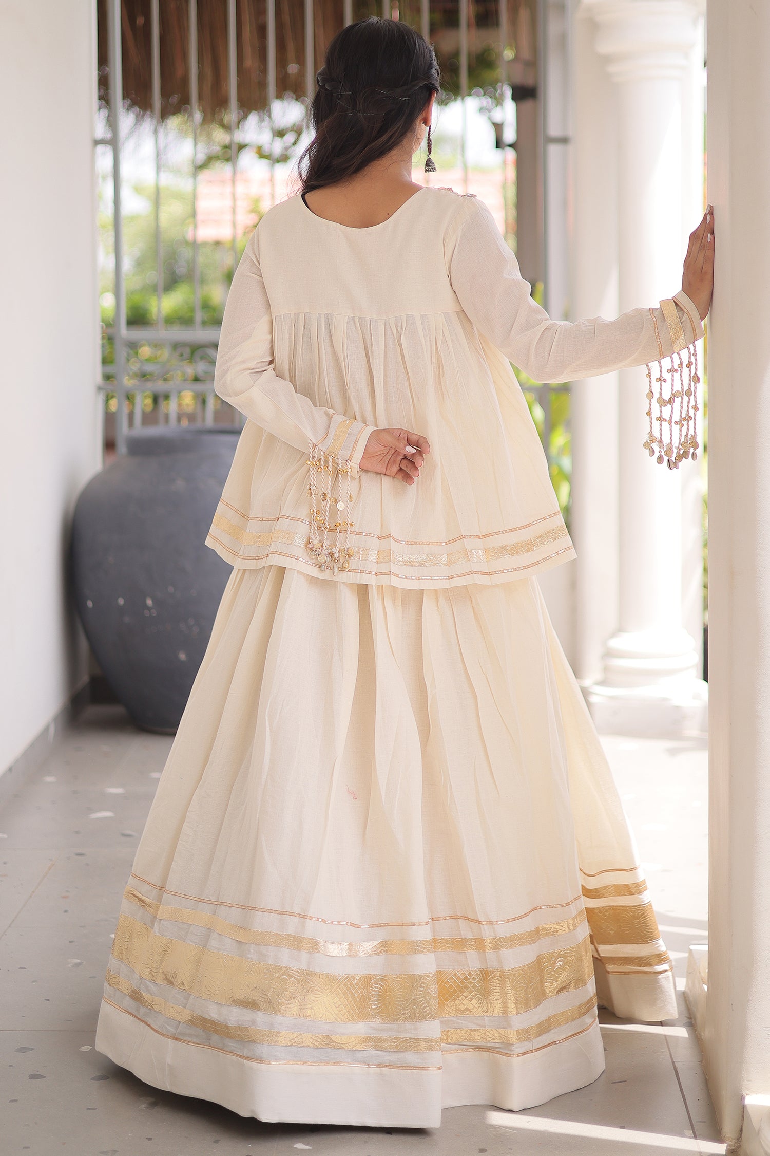 Off White Cotton Mirror Worked Peplum Chaniya Choli