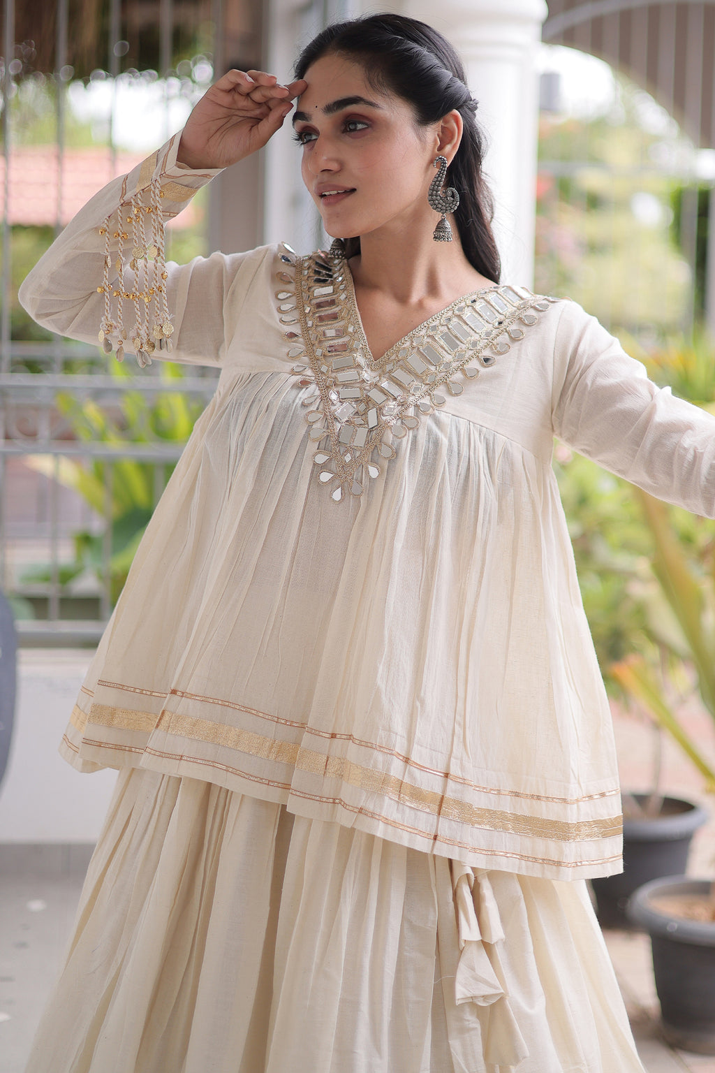 Off White Cotton Mirror Worked Peplum Chaniya Choli