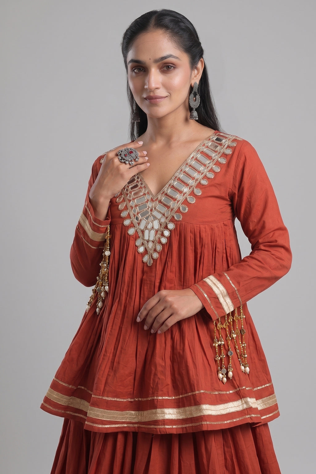 Orange Cotton Mirror Worked Peplum Chaniya Choli