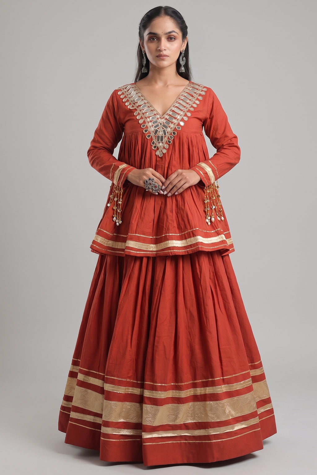 Orange Cotton Mirror Worked Peplum Chaniya Choli