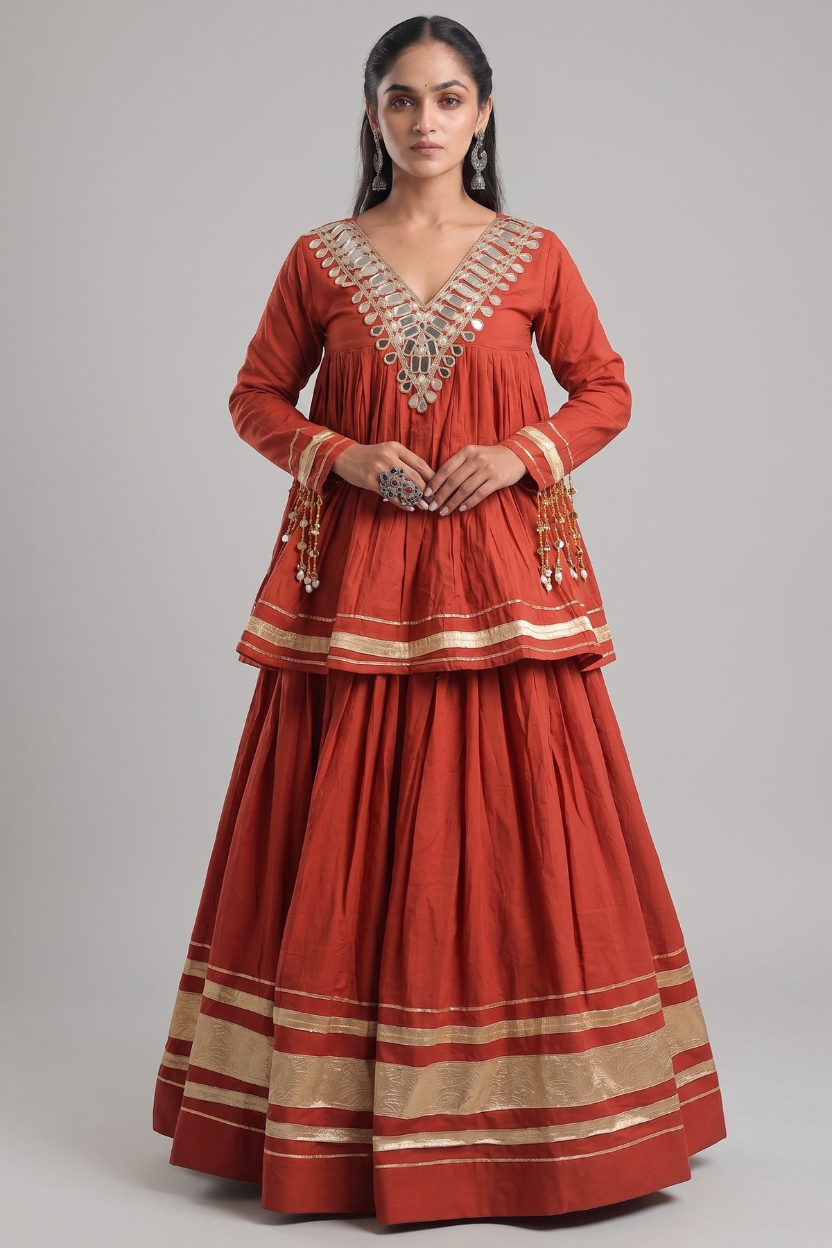 Orange Cotton Mirror Worked Peplum Chaniya Choli