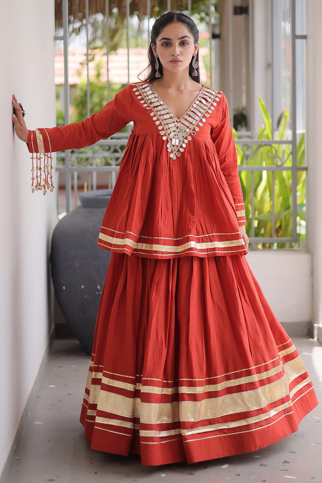 Orange Cotton Mirror Worked Peplum Chaniya Choli
