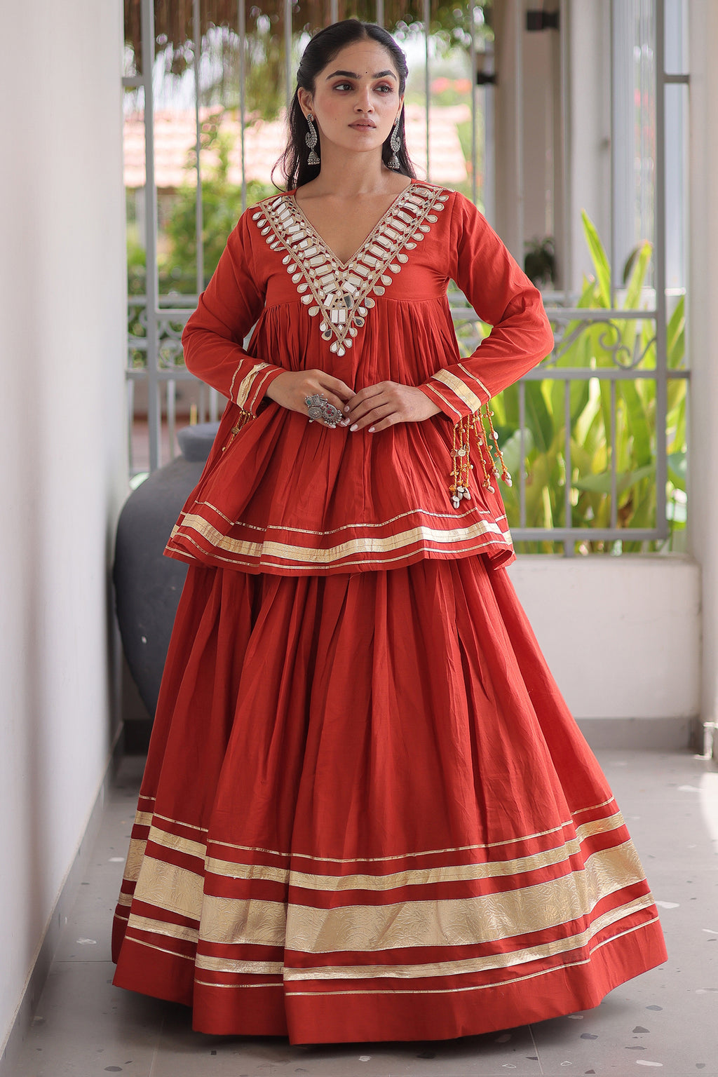 Orange Cotton Mirror Worked Peplum Chaniya Choli