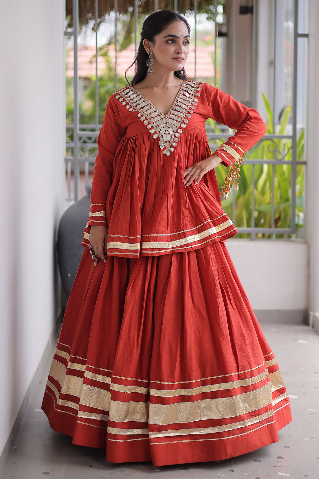 Orange Cotton Mirror Worked Peplum Chaniya Choli