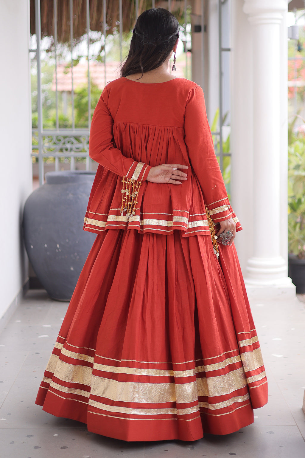 Orange Cotton Mirror Worked Peplum Chaniya Choli
