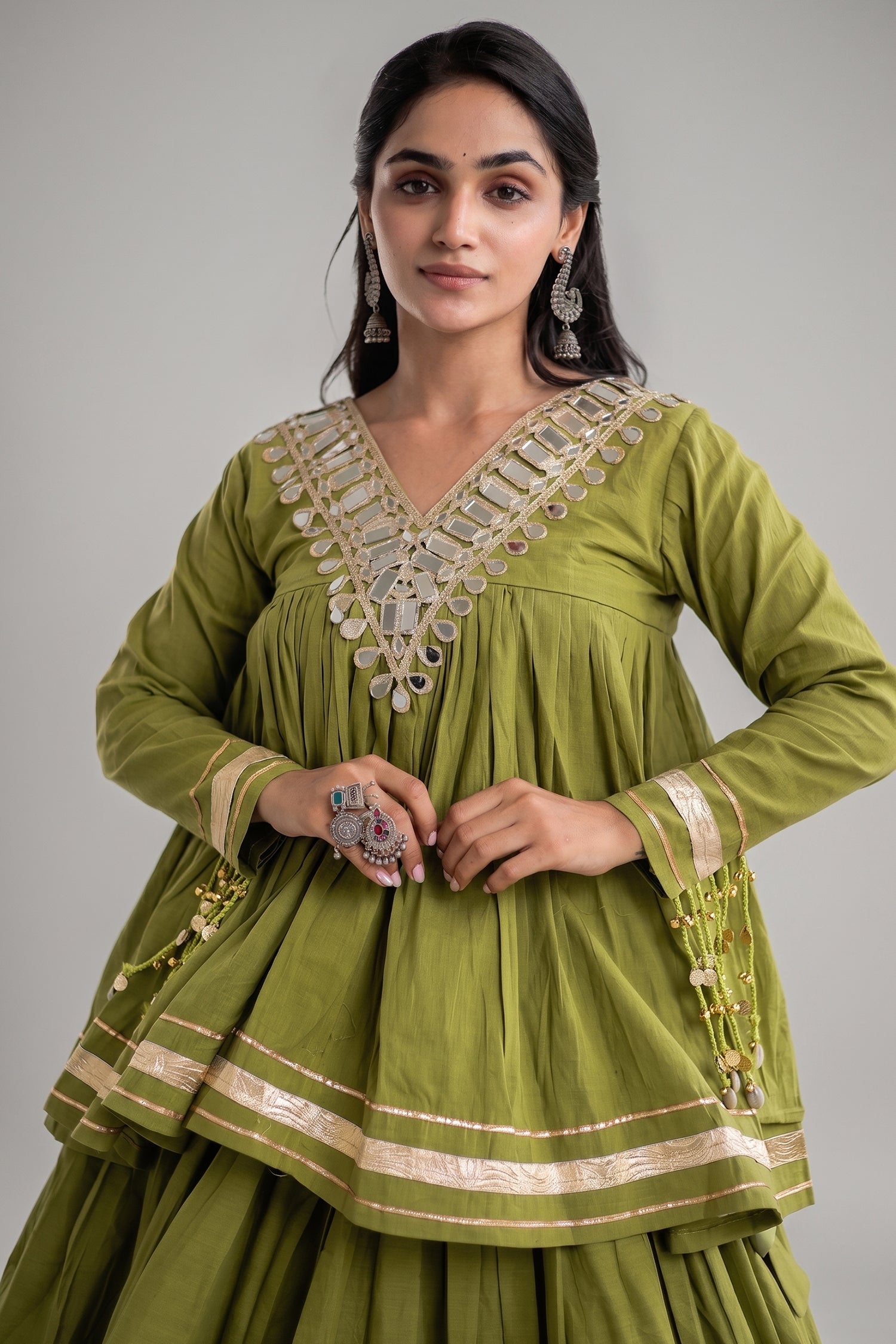 Parrot Green Cotton Mirror Worked Peplum Chaniya Choli