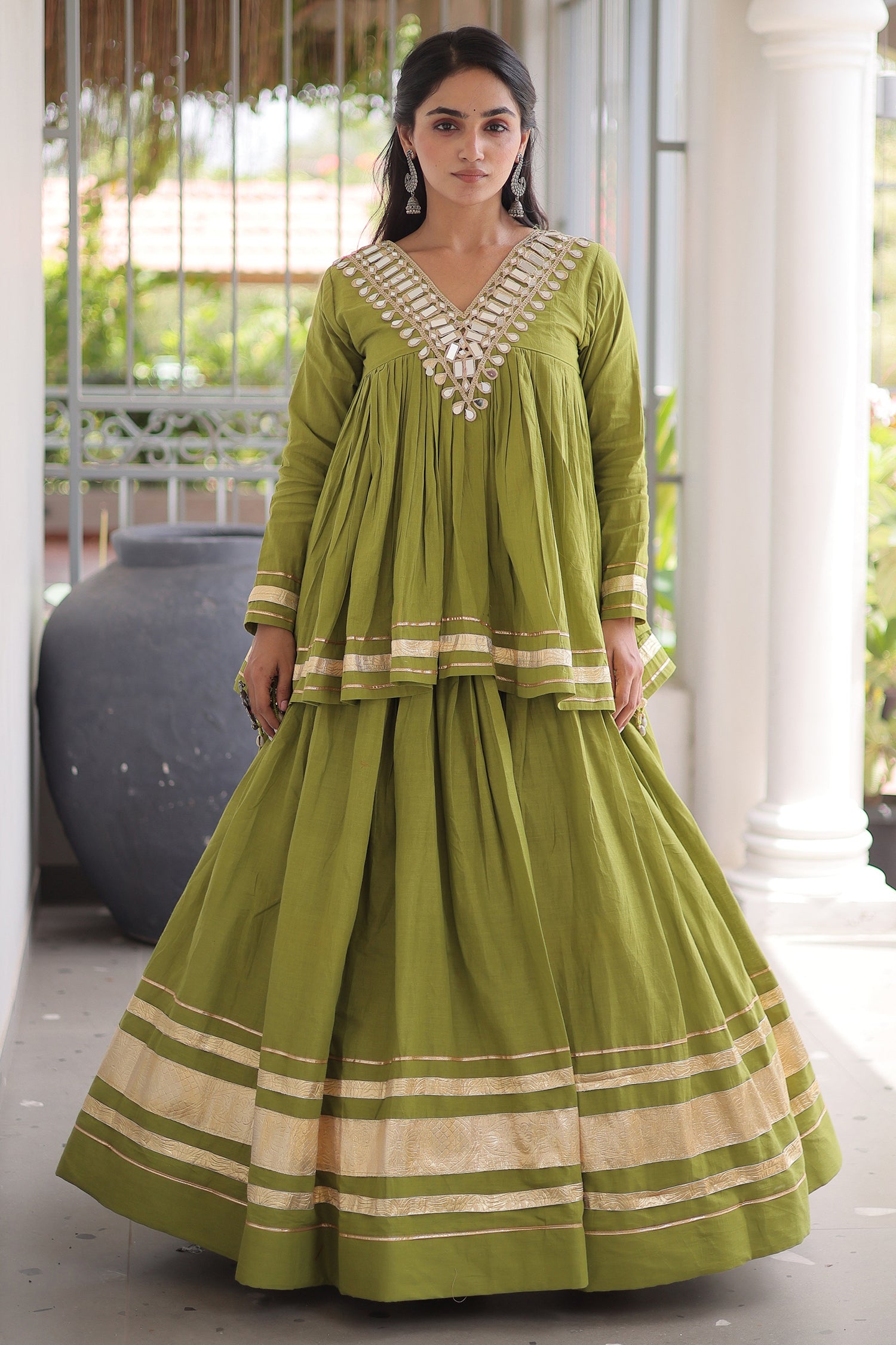 Parrot Green Cotton Mirror Worked Peplum Chaniya Choli